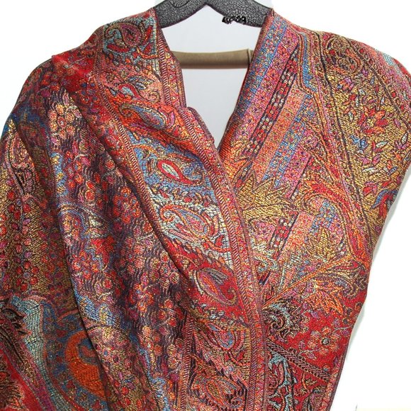 Red Metallic Paisley Pashmina Scarf | Shawl for Women Red Golden Sparkling Scarf - Picture 4 of 5